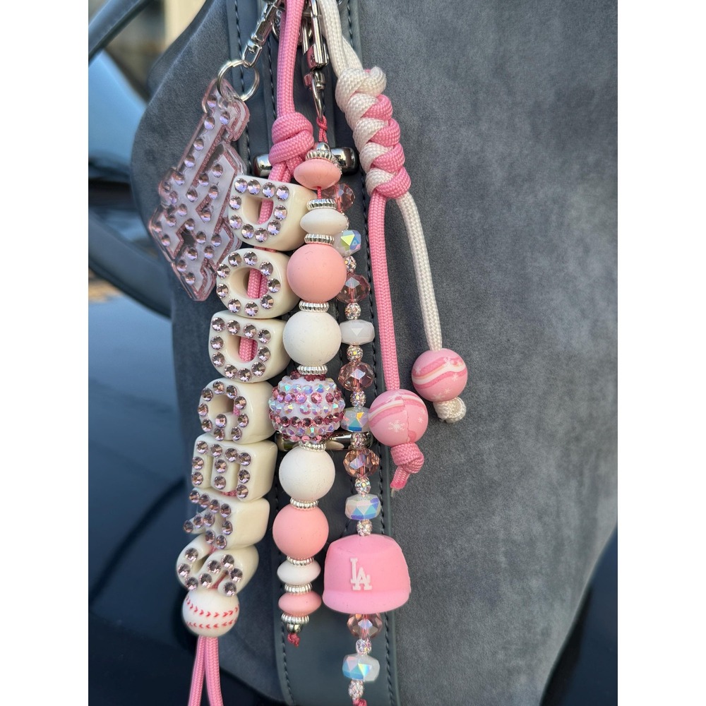 Pink LA Bseball Beaded Keychain, Cute Bag Charm, Handmade Keychain, Soft Chaos - Picture 3 of 3